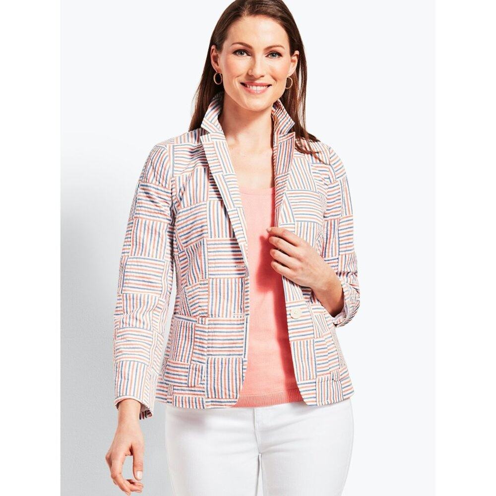 Talbots Patchwork Stripe Blazer Size 4 Red White Blue Seersucker Cotton Jacket